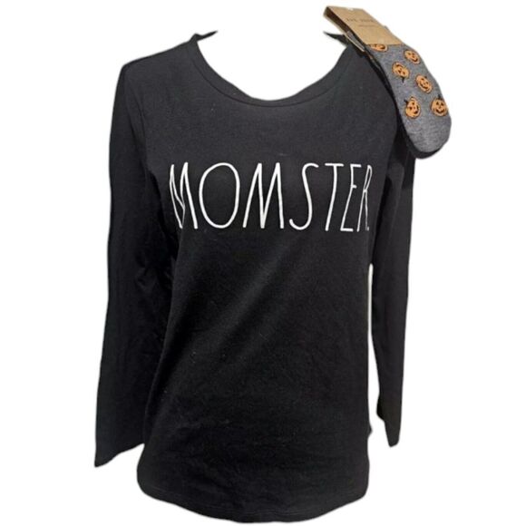 NWT Rae Dunn Halloween Set Momster long sleeve top and pumpkin socks size L - Picture 1 of 11